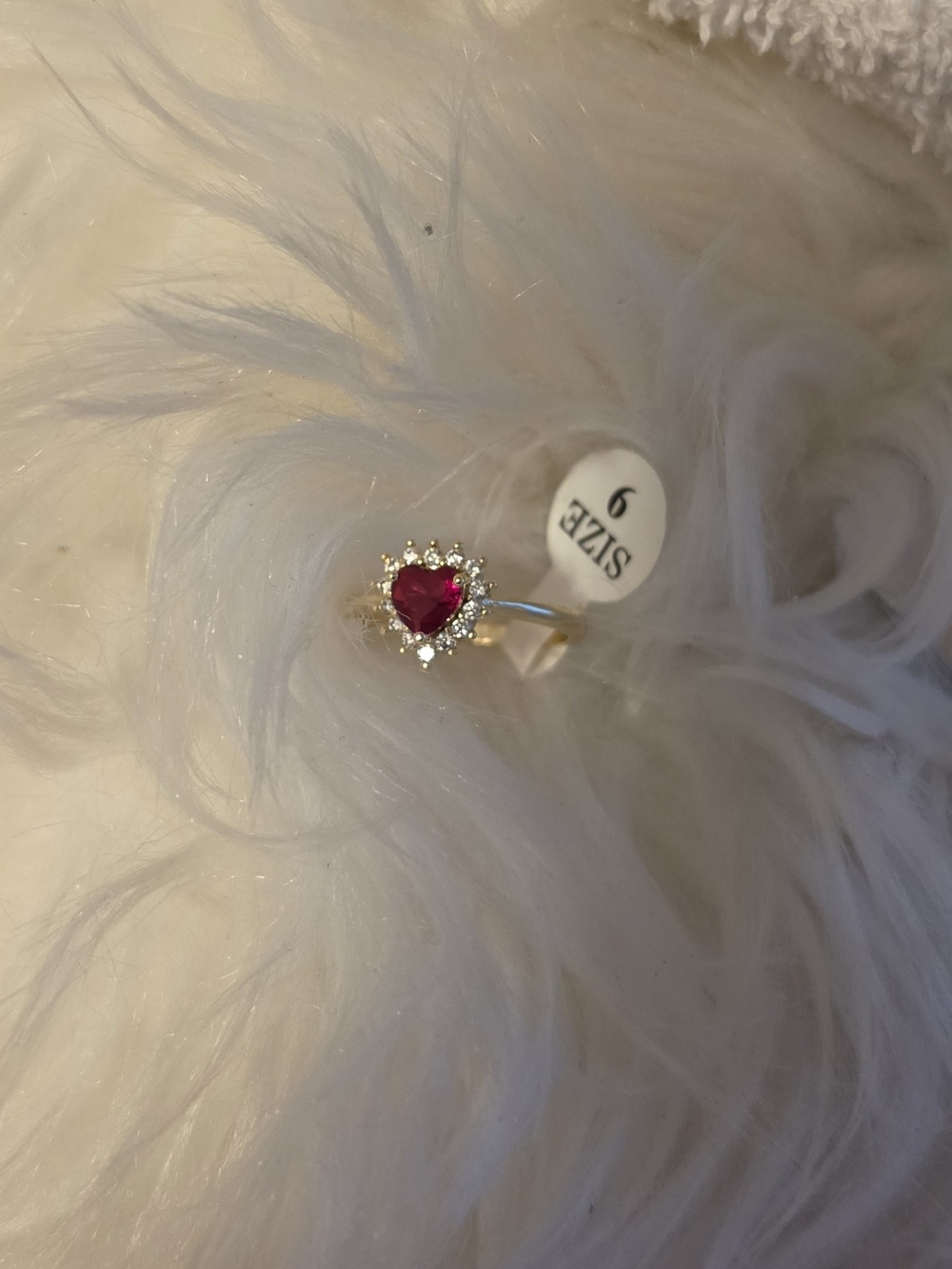 Gold Heart Ring with Ruby Red Stone and Halo Accent - Size 9